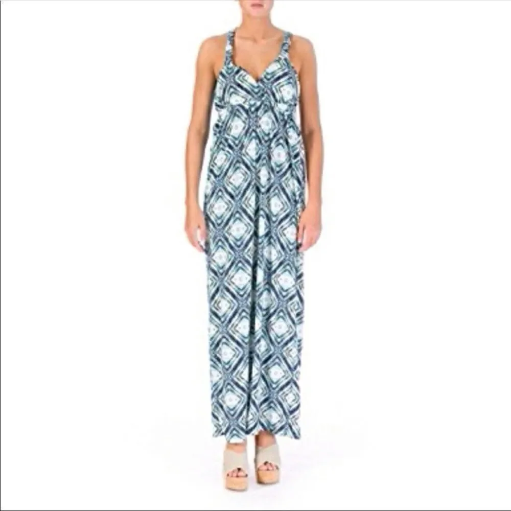 New PINk ROSE ikat Maxi Sundress Blue White M